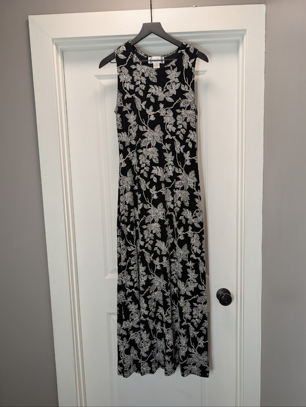 Vintage Black Maxi Dress with White Floral Pattern Silver Glitter Flowers